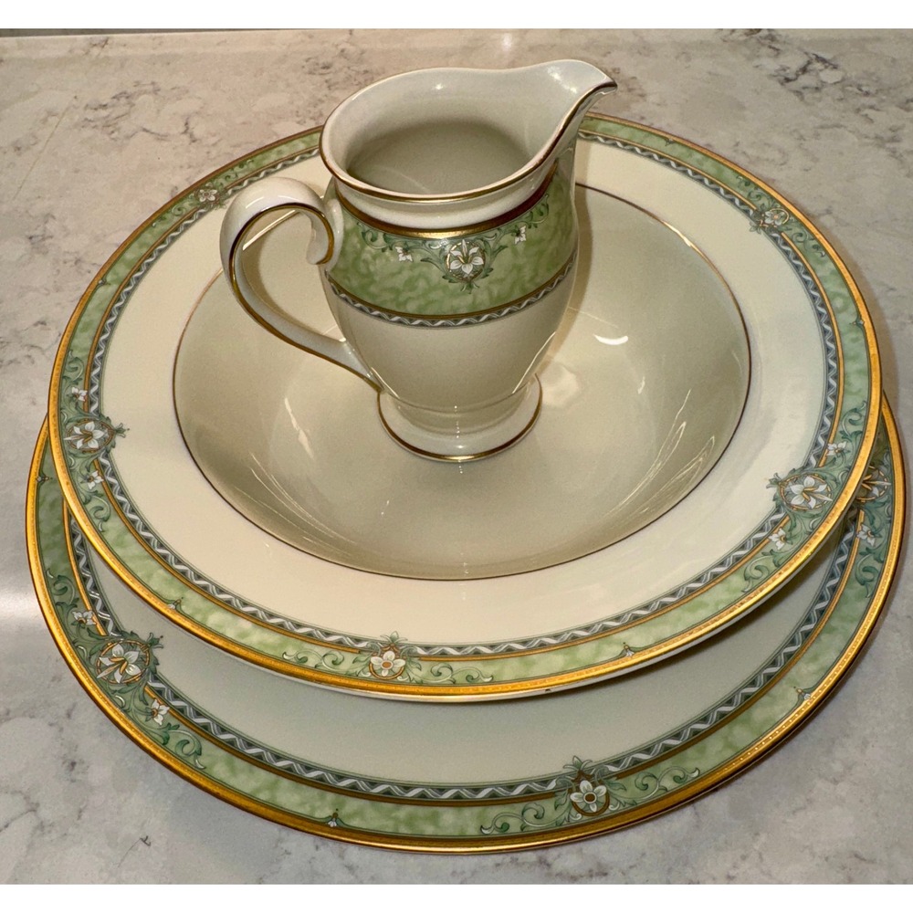 Mikasa Emerald Park Porcelain Set 12" Chop Plate 10" Serving Bowl, 4.5" Creamer